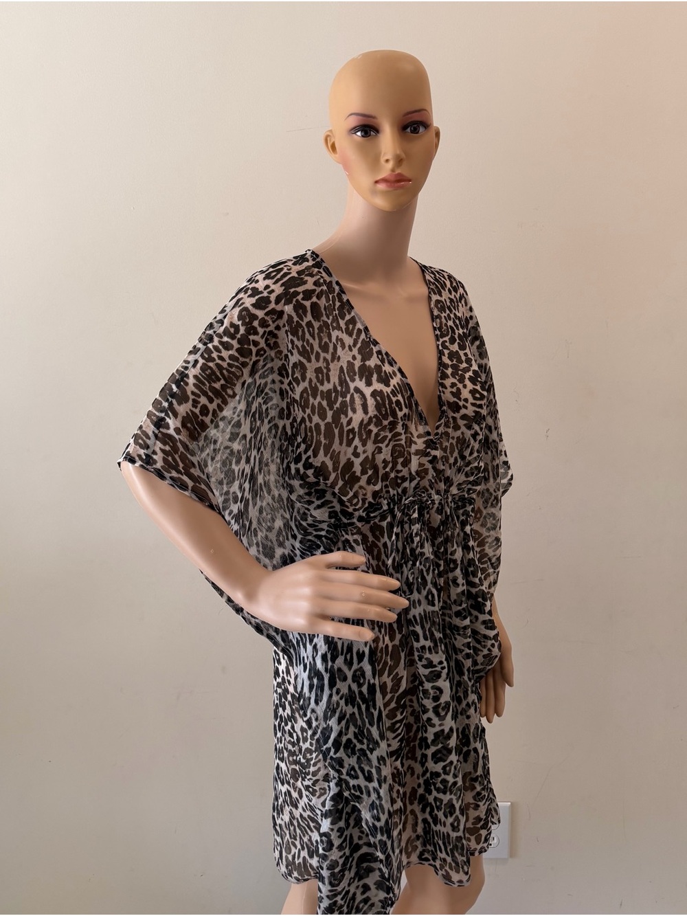 Grey Leopard Print Women’s Sheer Chiffon Beach Cover Up Mini Kaftan Dress Tunic - Picture 5 of 8
